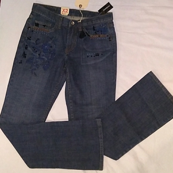 NWT Express X2 Embroidered Floral Detail Distressed Denim Boot Cut *SALE PRICE* - Picture 2 of 8